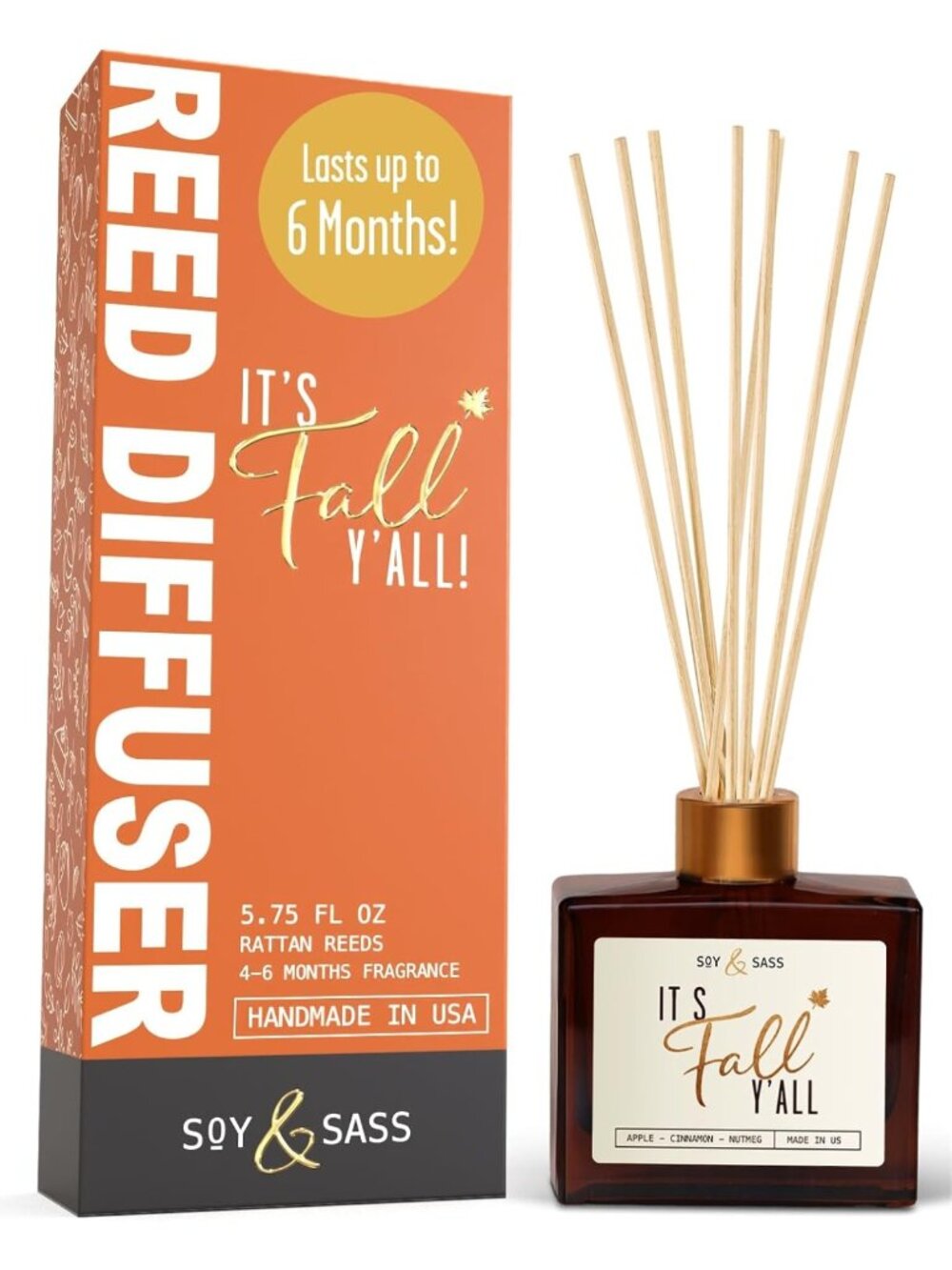 Autumn Reed Diffuser Set - Fall Scents with Apple, Cinnamon & Nutmeg, 5.75 oz